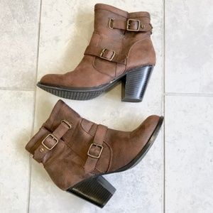 Brown buckled ankle boots